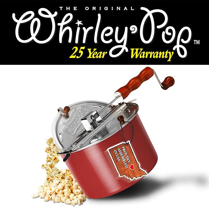 Original Whirley Pop Popcorn Maker - 6 Quart Popcorn Popper, Aluminum Popcorn Maker With Metal Gears, Wabash Valley Farms Stove Top Popcorn Maker, Gourmet Popcorn Pot, Culinary Popcorn Popper (Red)
