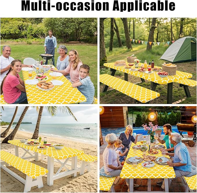 Smiry Picnic Table Cover with Bench Covers, Waterproof Elastic Fitted Tablecloth for 6 Foot Tables, Washable Polyester Tablecloths for Camping, Indoor & Outdoor (Yellow Morocco, 30x72 Inch 3-pc Set)