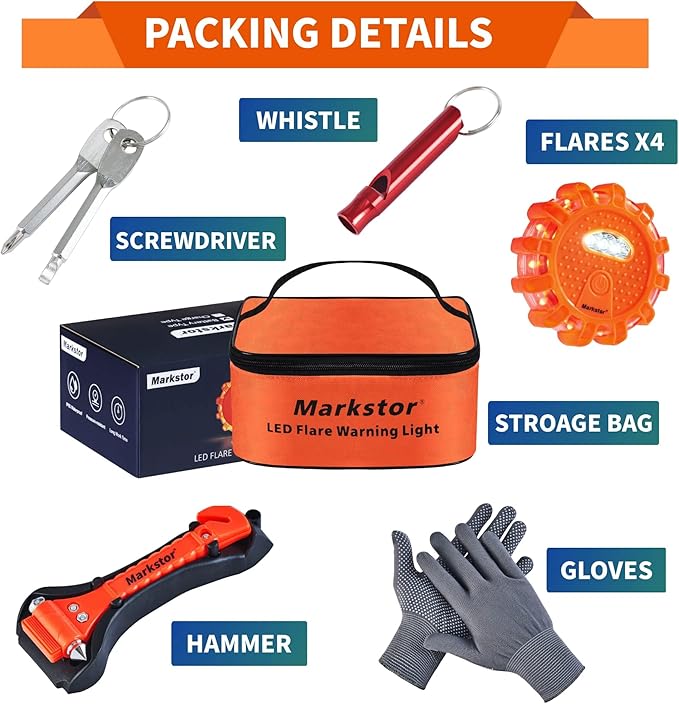 4-Pack-Parts LED Road Flare Car Emergency Kit,Magnetic Base & Hook Road Flares Safety Light With 9 Flashing Modes,Roadside Flares Emergency Lights For Vehicles (4 Pack Parts)