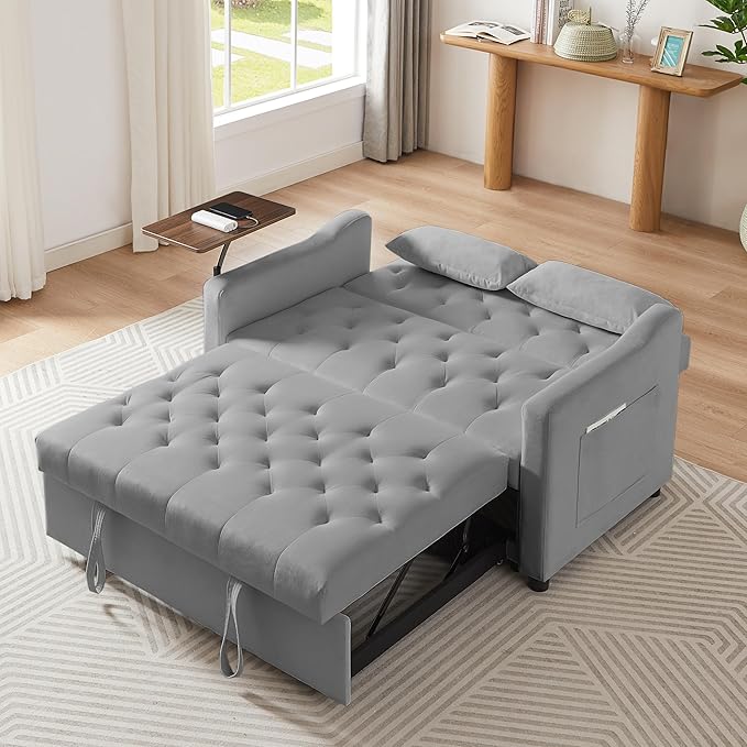 53.15" Convertible Sleeper Sofa Bed with Swivel Table, Adjustable Backrest & Side Pocket, Pull-Out Velvet Loveseat Futon for Small Spaces, Easy Assembly, 3-in-1 Couch Bed for Living Room
