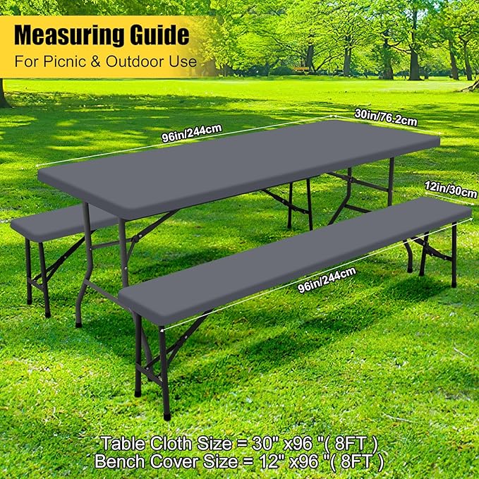 Smiry Picnic Table Cover with Bench Covers, Waterproof Elastic Fitted Polyester Tablecloths for 8 Ft Rectangle Tables, Washable Windproof Tablecloth for Camping, RV & Outdoor (Grey, 30x96 Inches)