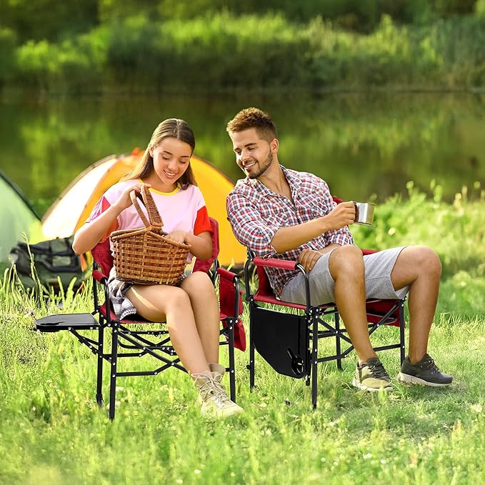 VINGLI Camping Chairs, Directors Chair, Camping Chair with Side Table & Carry Bag，Heavy Duty Camping Chairs for Adults,Portable Folding Camping Chair 2 Pack, for Beach, Fishing,Trip,Picnic,Lawn-Red