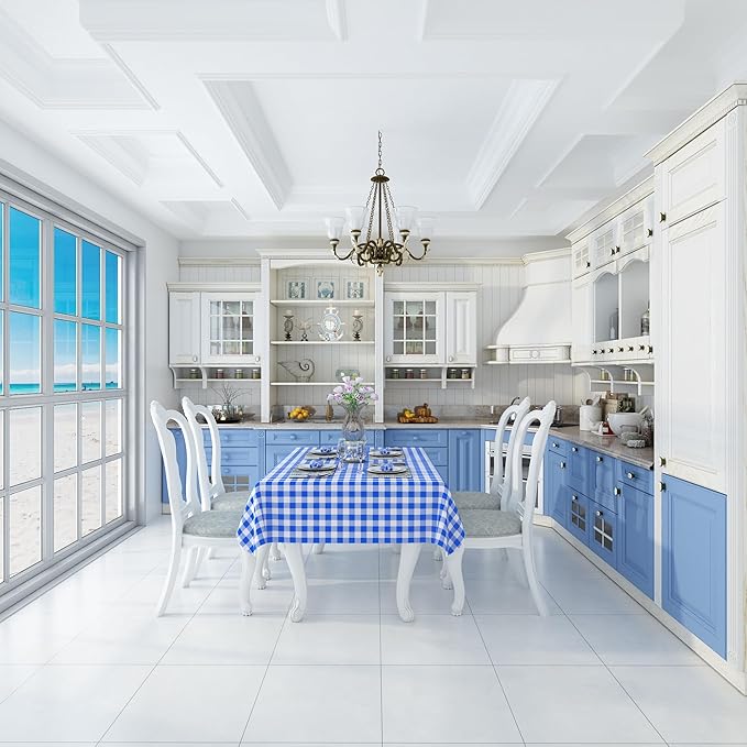 misaya Rectangle Waterproof Vinyl Table Cloth, Buffalo Flannel Backed Tablecloth, Wipeable Plastic Table Cover for Seaside, Picnic, Outdoor (54" x 78", White and Blue)