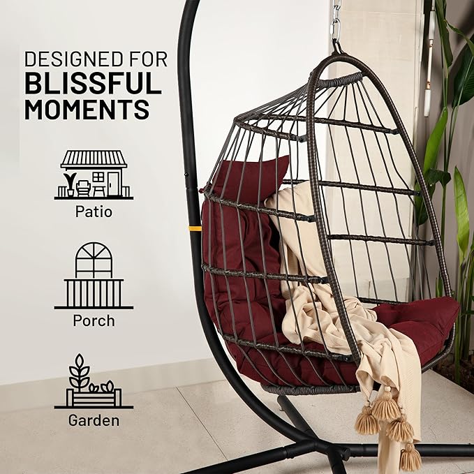 SereneLife Foldable Egg Chair with Stand – Hanging Rattan Wicker Swing for Indoor Outdoor Use – 350 lbs Capacity, Breathable Cushion & Headrest – Patio, Balcony, Porch, Bedroom Lounge Furniture