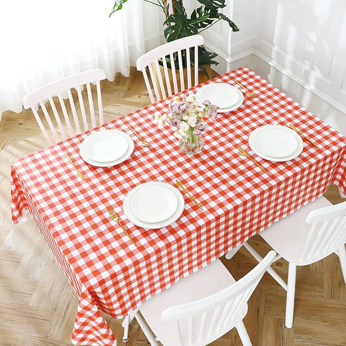 Romanstile Rectangle Vinyl PVC Tablecloth, 100% Waterproof Buffalo Plaid Plastic Table Cloth, Oil Proof Heavy Duty Wipeable Table Covers for Dining/Camping/Picnic/Outdoor - 54 x 108, Red and White