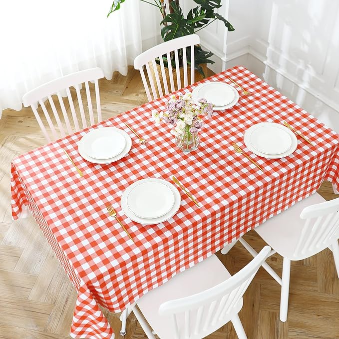 Romanstile Square Vinyl PVC Tablecloth, 100% Waterproof Buffalo Plaid Plastic Table Cloth, Oil Proof Heavy Duty Wipeable Table Covers for Dining/Camping/Picnic/Outdoor - 54 x 54, Red and White