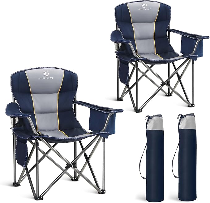 LET'S CAMP Folding Camping Chair Oversized Heavy Duty Padded Outdoor Chair with Cup Holder Storage and Cooler Bag, 450 LBS Weight Capacity, Thicken 600D Oxford,2 Pack