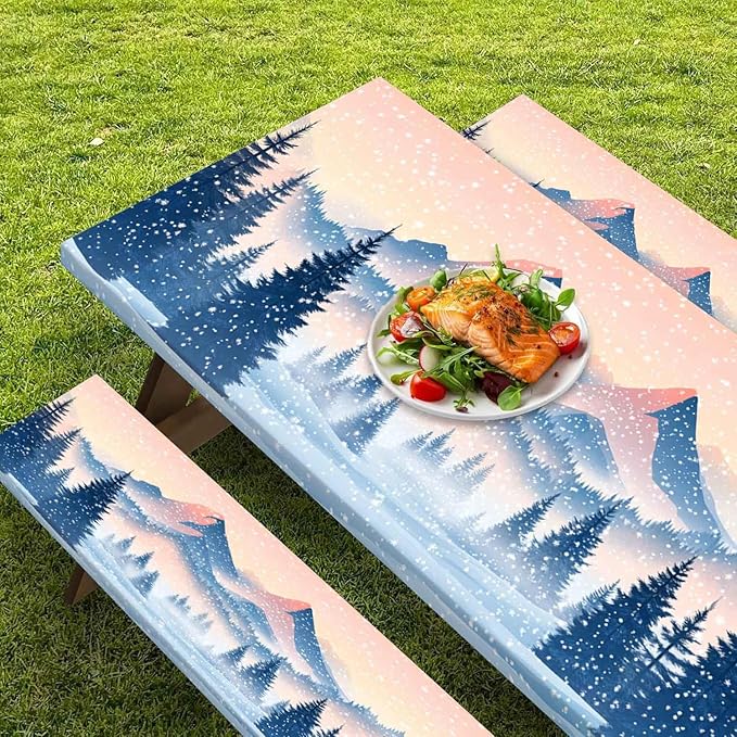 CAPSCEOLL Fitted Picnic Table Cover with Bench Covers with Elastic 8Ft Waterproof Picnic Table Cloths Windproof Outdoor Camping Tablecloth with Drawstring Bag, 96X30in, Snow Mountain