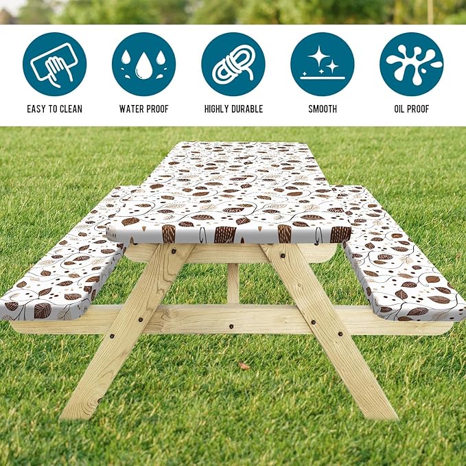Picnic Table Cover with Bench Covers, Brown Leaf Plaid Leaf Elastic Edges Waterproof Windproof Camping Essentials, Camping Fitted Tablecloth with Drawstring Bag, 72in, Brown