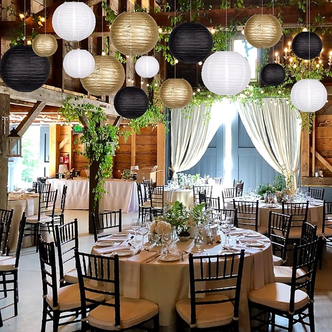 15pcs Paper Lanterns Black Gold Round Hanging Chinese Paper Lanterns 4" 6" 8" 10" 12" for Bachelorette Engagement Wedding Baby Bridal Birthday Party Decorations