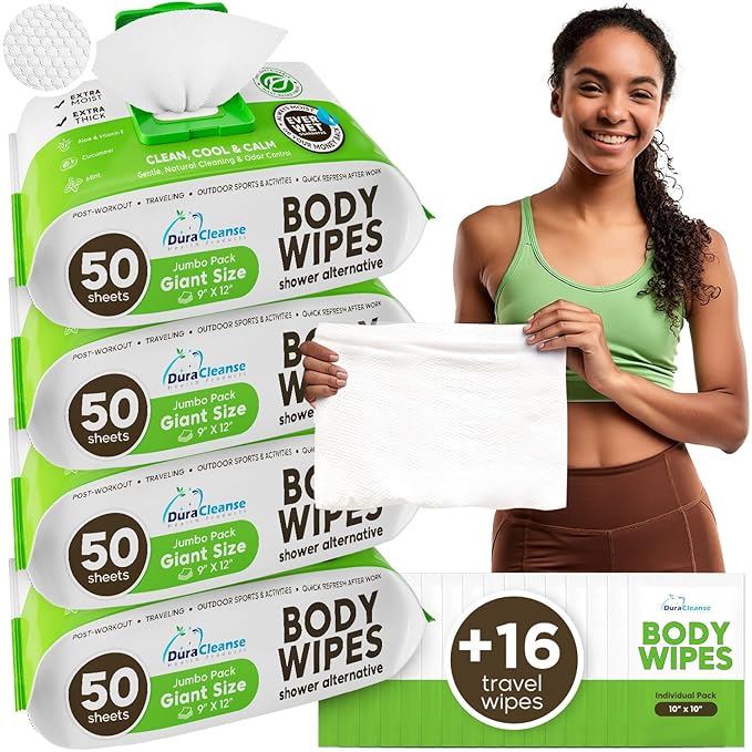 Body Wipes for Women, Extra Moist No Rinse Bathing Sheets (4pk), 200 XL Shower Cloths + 16 Deodorizing Bath Wipes - 9"x12" Travel Size Essentials, Toiletries for Womens Hygiene & Post Workout Cleanup