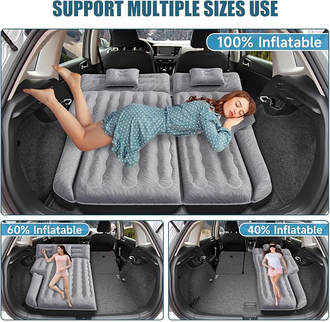 Inflatable SUV Air Mattress: Double-Sided Flocking Car Mattresses for Back SUV, Travel Camping Sleeping Bed with Air Pump 2 Pillows