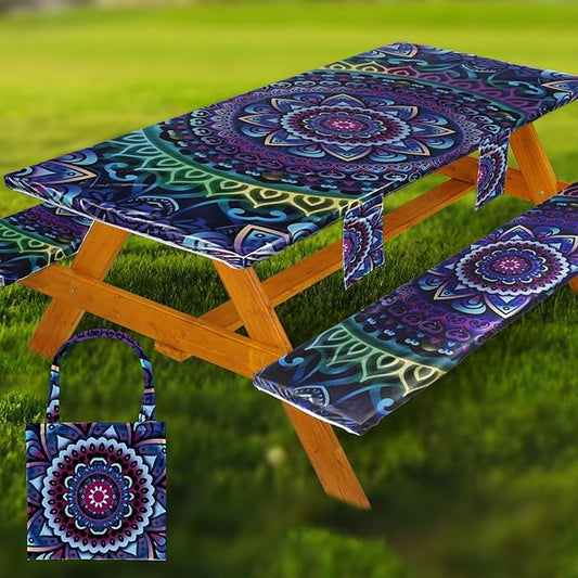 Picnic Table Cover with Bench Covers Vinyl Elastic Edges Fitted Rectangle Seat Tables Waterproof 3-Piece72X30in Set Outdoor Rectangular Folding Backing Tablecloth for Camping Over SizeTie-Dye 101