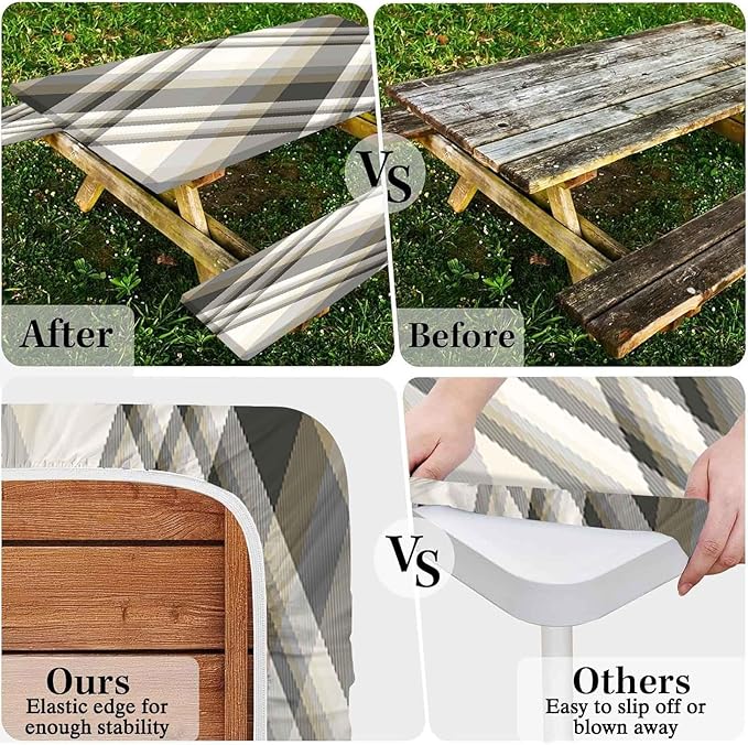 CAPSCEOLL Elastic Picnic Table Cover with Bench Covers 5Ft Waterproof Fitted Picnic Table Cover Cloths for Outdoors Camping Tablecloth with Drawstring Bag, 60X30in, Grey White