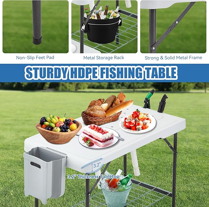 Folding Fish Cleaning Table Portable Camping Double Sinks Table w/2 Dual Water Basins, Faucet Drainage Hose & Sprayer Outdoor Fish Fillet Cleaning Station w/Knife, Storage Box,Black