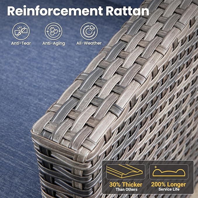 ovios 6 Pieces Patio Furniture Set with 30" Fire Pit Table, Outdoor Wicker Sofa with Comfy Cushions, All Weather High Back Rattan Couch Conversation Set, Denim Blue