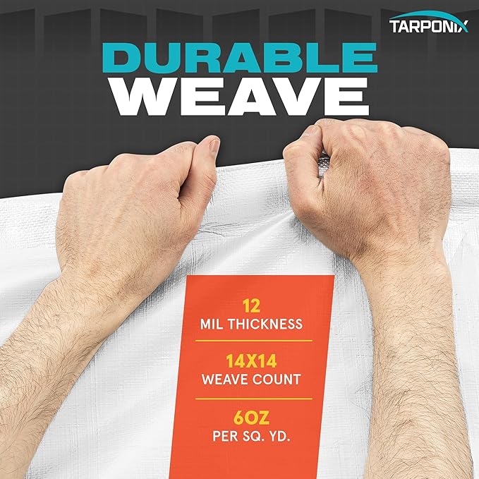 10' x 20' Extra Heavy-Duty White Poly Tarp – 12 Mil Thick, Waterproof, UV-Resistant Polyethylene with Reinforced Edges, Double-Stitched Hems, and Rustproof Grommets