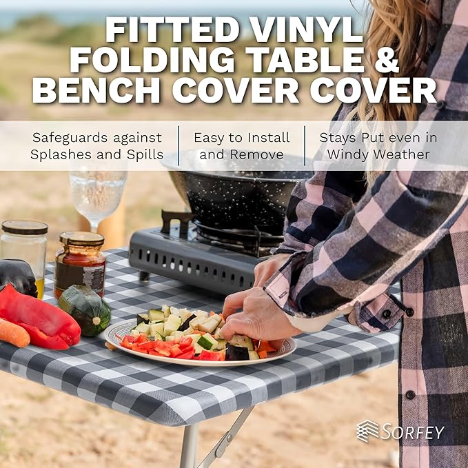 Sorfey Picnic Table Cover with Bench Covers -Fitted with Elastic, Vinyl with Flannel Back, Fits for Table 30"x 72" Rectangle,Water Proof, Solid Grey Design