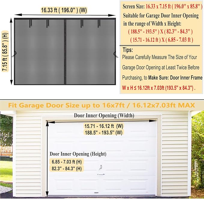 Garage Door Screen for 2 Car Garage 16x7 FT - Magnetic Retractable Fiberglass Mesh 16x7ft & Heavy Duty Weighted Bottom, Include Screws & Repair Patches - Easy Assembly for Patio Workshop Gym