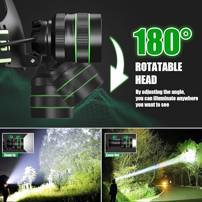 Rechargeable Headlamp, 100000 Lumens LED Super Bright Headlight with Motion Sensor, 5 Modes Zoomable Head Lamp, 180°Adjustable, IPX6 Waterproof for Camping, Running, Climbing, Hiking (Black)
