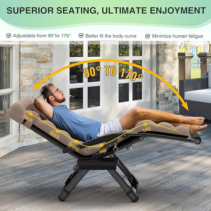 Suteck Oversized Zero Gravity Chair,33In XXL Lounge Chair w/Removable Cushion&Headrest, Reclining Camping Chair w/Upgraded Lock and Footrest, Reclining Patio Chairs Recliner for Indoor Outdoor,500LBS