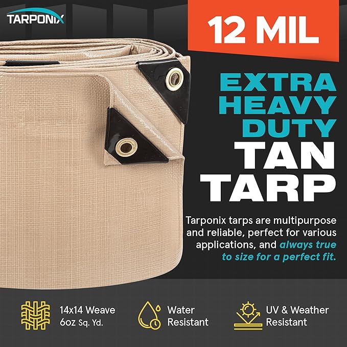 20' x 25' Extra Heavy-Duty Tan Poly Tarp – 12 Mil Thick, Waterproof, UV-Resistant Polyethylene with Reinforced Edges, Double-Stitched Hems, and Rustproof Grommets