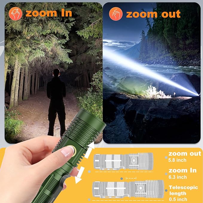 Small Tactical Flashlights High Lumens - 1500 Meters Long Beam Super Bright LED Magnetic Flashlight USB Rechargeable Zoomable 5Modes Long Beam Spotlight Flashlight for Hiking, Camping-Green