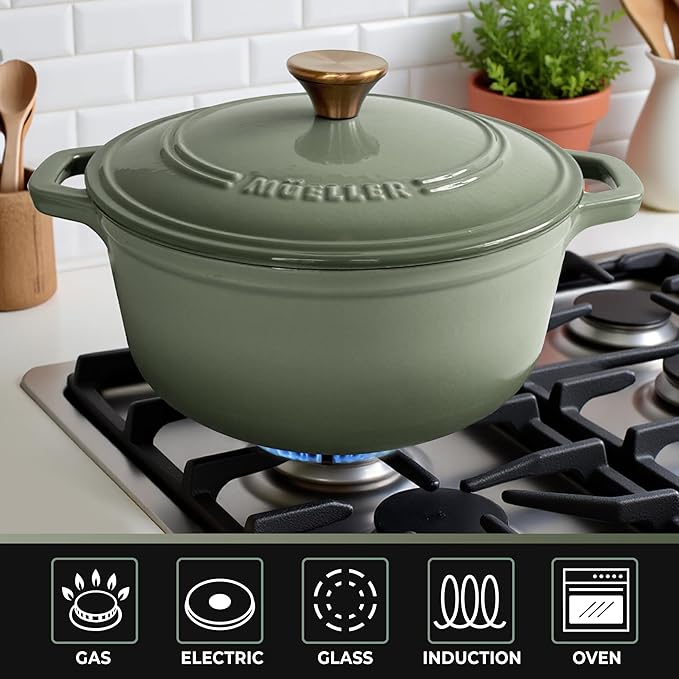 MÜELLERHOME 6 Quart Enameled Cast Iron Dutch Oven For Sourdough Bread Baking, Heavy-Duty, Oven-Safe up to 500° F & Across All Cooktops, Casserole Dishes, Green Kitchen Accessories, Thyme Green