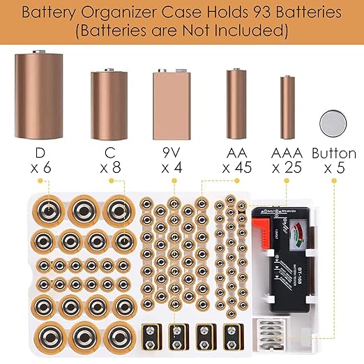 Linkidea Battery Organizer Storage Case, Battery Box with Tester Holds 93 Batteries Various Sizes for AAA, AA, 9V, C, D, and Button Battery