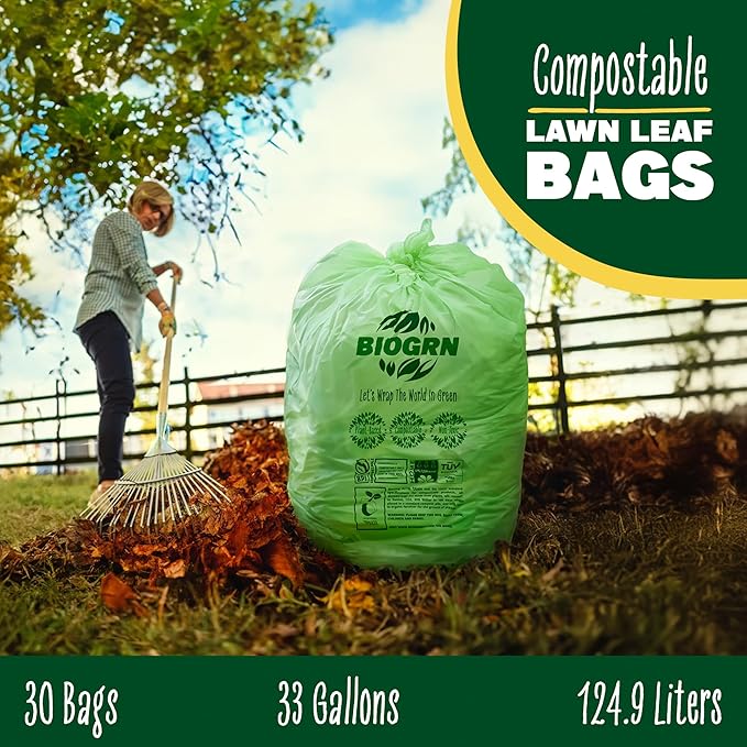 30-33 Gallon Compostable Trash Bags Flat-Top 30 Bags Heavy Duty1.57 Mil, 124.92 Liter Large Lawn and Yard Waste Bag for Outdoor Garden ASTM D6400, US BPI and OK Compost Home Certified