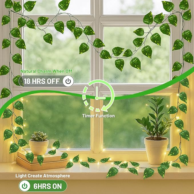 YOUNGAR Vine with Fairy Lights Battery/USB Operated,23ft 73 LED Pothos String Lights with Memory and Timer,Leaf Lights for Bedroom, Room, Garden, Party, Wedding,Wall Decor (Warm White)