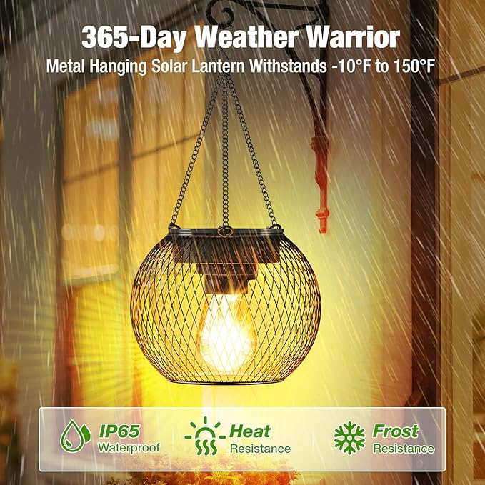 Solar Lanterns Outdoor Waterproof 2 Pack, 13.45" Metal Solar Hanging Lights with Hooks & Auto On/Off, Brighter Warm Outdoor Hanging Lantern Lighting for Porch Garden Yard Pathway Decor