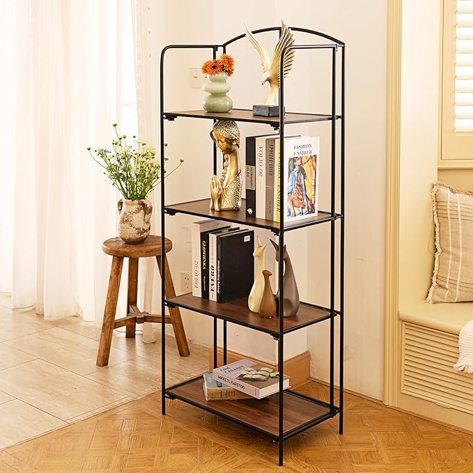 Crofy No Assembly Folding Bookshelf for Living Room, 4 Tier Black Collapsible Book Shelf for Home Office, Portable Bookcase Storage Organizer