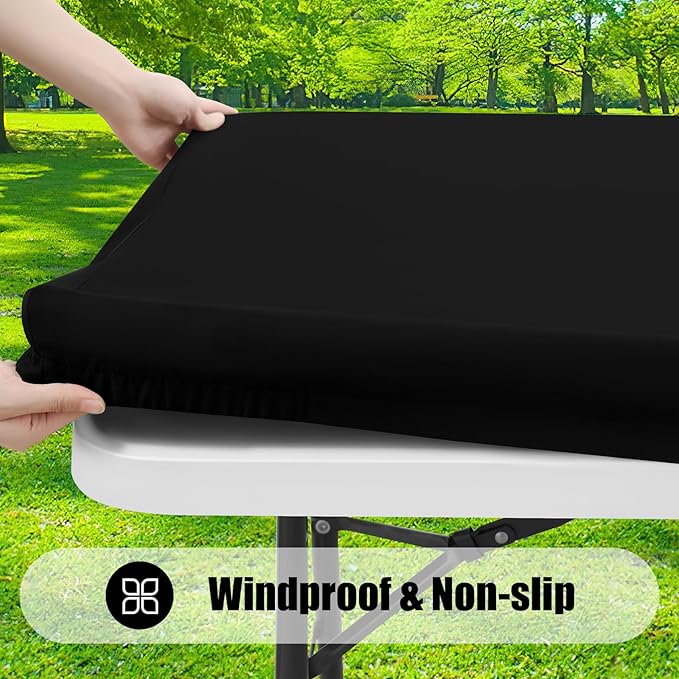 Smiry 2 Pack Rectangle Picnic Table Cloth, Waterproof Elastic Fitted Tablecloths, Washable Polyester Rectangular Patio Table Cover for Camping, Indoor and Outdoor (Black, 30"x48")