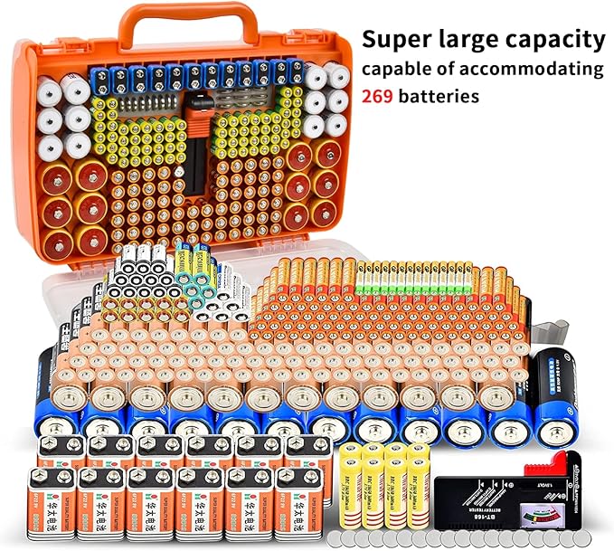 Battery Organizer Storage Holder Box Case with Tester- 269 Batteries Double-Sided Variety Pack, Holds AA AAA 4A C D Cell 9V 3V Lithium LR44 CR2 CR123 CR1632 18650 Button- Orange (Box Only)