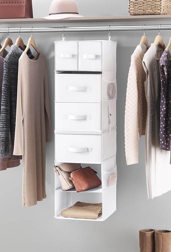 Whitmor Multi-Functional Hanging Organizer with Drawer Inserts- 5 Section - Closet Organizer - White