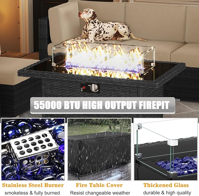 LayinSun 13 Pieces Outdoor Patio Furniture Set with 44" Fire Pit Table Rattan Sectional Sofa Conversation Sets