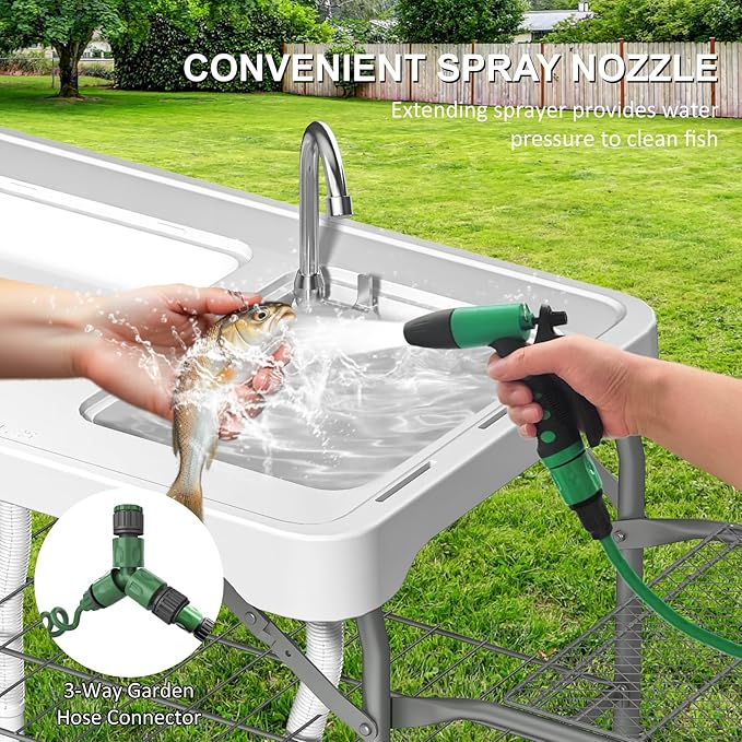 42.5" Fish Cleaning Table with Dual Sink, Portable Folding Camping Table with Foldable Extension Stand, Faucet, Sprayer, Grid Rack, Hose Hook Up & Knife Groove, Outdoor Sink Station for Picnic