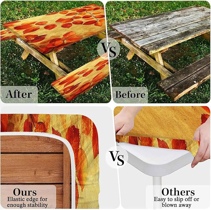 CAPSCEOLL Elastic Picnic Table Cover with Bench Covers 5Ft Waterproof Fitted Picnic Table Cover Cloths for Outdoors Camping Tablecloth with Drawstring Bag, 60X30in, Burnt Orange Leaves