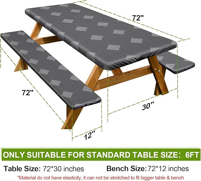 Picnic Table Cover with Bench Covers Camping Essentials Waterproof Windproof Camping Tablecloth with Drawstring Bag, Fitted Rectangle Tables and Seats, 72in, Grey Plaid