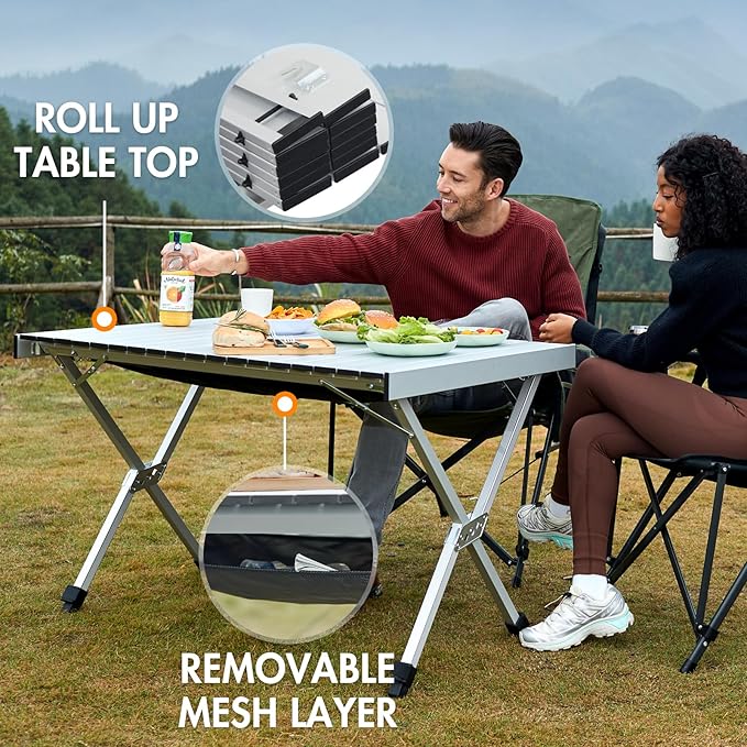 PORTAL Folding Outdoor Camping Table with Adjustable Height, Aluminum Roll-Up Top and Carry Bag, Big Large Portable Tables for Picnic, BBQ and Tailgating, Silver