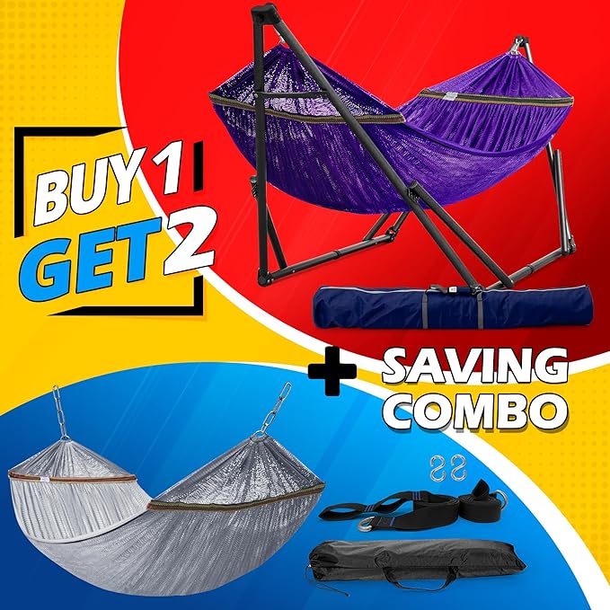 Tranquillo Combo x2 Hammocks with Stand for Outside & Tree Straps, Heavy Duty Hammock with Stand 600lbs for Indoor Outdoor Patio Backyard, x2 Hammocks for 2 Person, Portable Carrying Bags, Purple