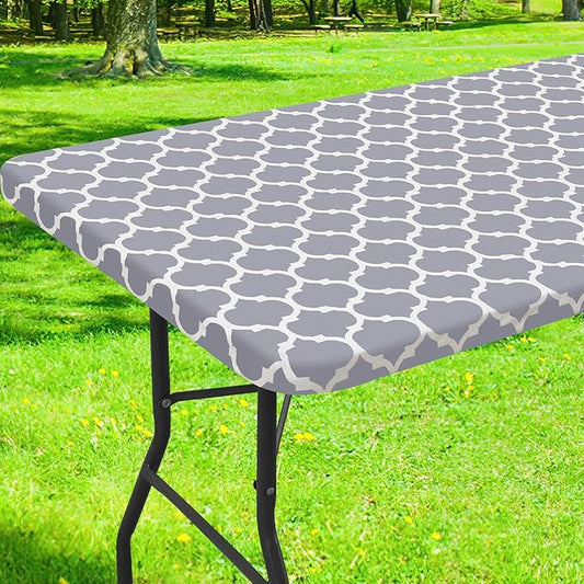 Smiry Rectangle Picnic Table Cover, Waterproof Elastic Fitted Camping Tablecloths for 8 Foot Tables, Wipeable Flannel Backed Vinyl Tablecloth Protector for Indoor, Outdoor (Grey, 30x96 Inches)