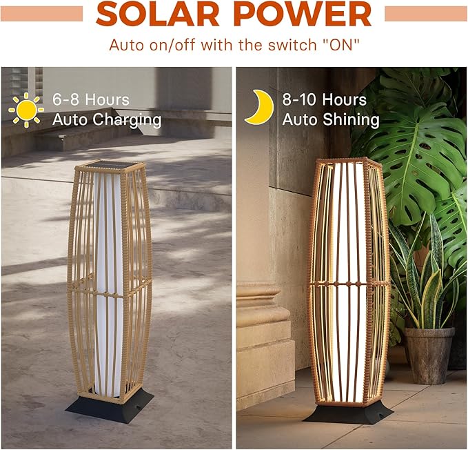 Grand patio Outdoor Floor Lamp Solar Powered Lantern Waterproof Wicker Boho Deck Lights for Garden Porch Decor, Large Taurus