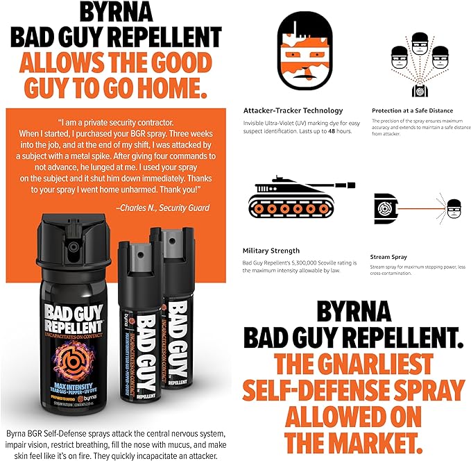 Byrna BGR MAX Pepper Spray + Tear Gas | Maximum Stopping Power | Attacker Tracker UV Marking DYE Technology | Military Strength Self-Defense Stream Spray