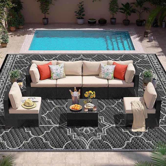 Outdoor Rug 10x14Ft, Waterproof Outdoor Patio Rug for House Deck Reversible Plastic Straw Mat for RV Camping Picnic Beach Balcony (Black Gray)