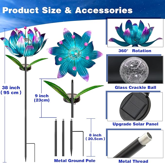 Solar Wind Spinner, 38 Inch Metal Stake Yard Spinners,Solar Powered Multi-Color LED Glass Ball with Kinetic Wind Sculpture Spinner Windmills for Yard (38IN-Purple)