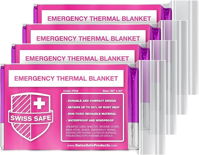Swiss Safe 4 Pack Mylar Emergency Blankets for Survival - Compact & Insulated for Cold Weather - Designed for NASA, Outdoor, Running, Camping, Survival, First Aid Car Kit - Pink, 4 Pack