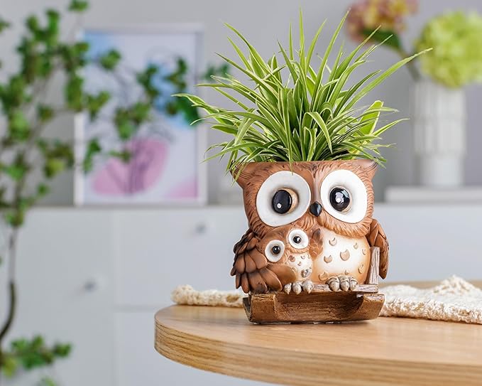 Unique Owl Plant Pots Indoor, Cute Small Succulent Pots with Drainage Hole, Rocking Chair Planters for Outdoor Indoor Plants, Resin Flower Pot for String of Pearls, Gift Ideas for Mother