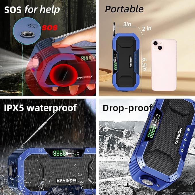 Hand Crank Emergency Weather Radio Solar Power with AM FM NOAA,Wind Up Flashlight,Cell Phone Charger, 5000mAh Rechargeable Battery,SOS Alarm,Portable,Waterproof,for Survival,Storm and Power Outage